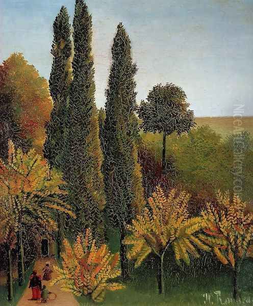 Walking In The Parc Des Buttes Chaumont Oil Painting by Henri Julien Rousseau