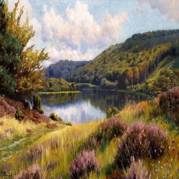 Heather Near A Lake, Summer Oil Painting by Peder Mork Monsted