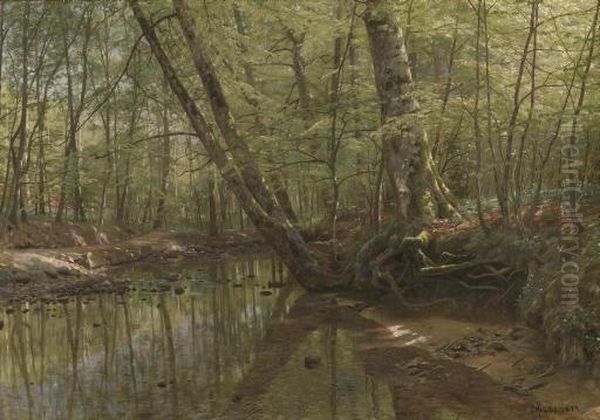 Forest Landscape With River Oil Painting by Peder Mork Monsted