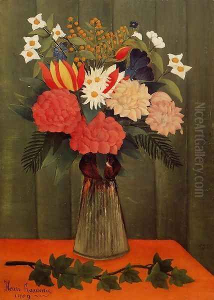 Bouquet Of Flowers With An Ivy Branch Oil Painting by Henri Julien Rousseau