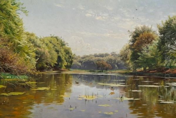 Ducks In A Forest Lake Oil Painting by Peder Mork Monsted