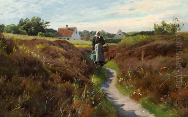 Summer Landscape With A Woman On Path Oil Painting by Peder Mork Monsted