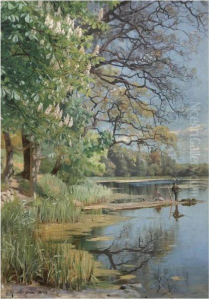 Fishing On The Lake Oil Painting by Peder Mork Monsted