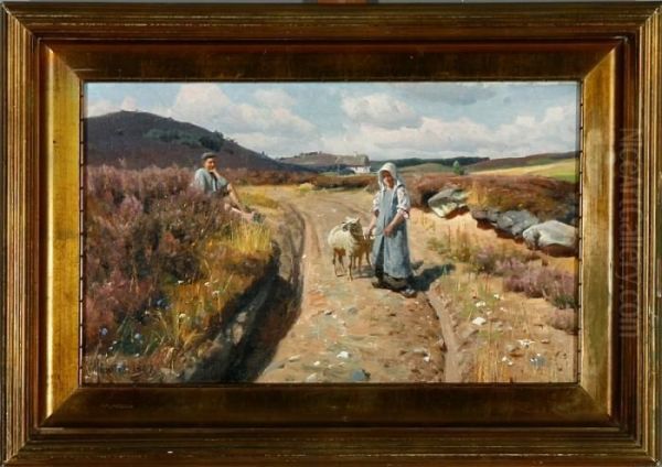 A Peasant Boy Is Flirting With A Shepherd Girl By A Village Road Oil Painting by Peder Mork Monsted