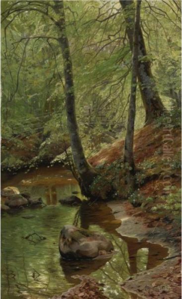 A Forest Stream Oil Painting by Peder Mork Monsted