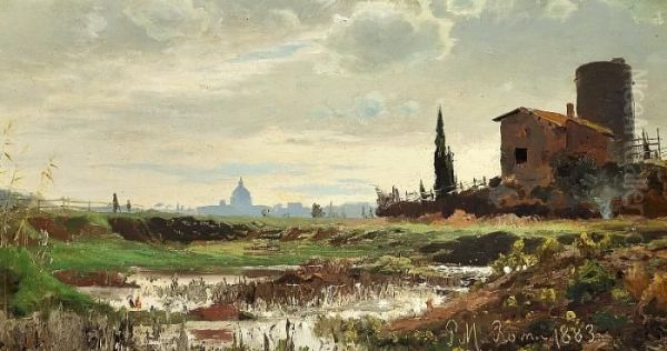 A View Of Rome With The Dome Of Saint Peter's In The Background Oil Painting by Peder Mork Monsted