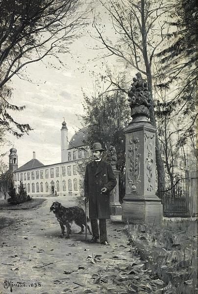 King Christian Ix Walking His Dog In The Park Of Fredensborg Oil Painting by Peder Mork Monsted