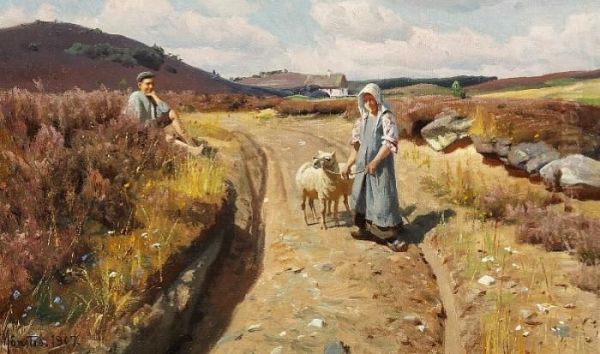 A Peasant Boy Is Watching A Girl Passing By With Sheep Oil Painting by Peder Mork Monsted