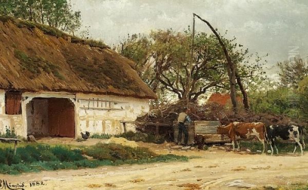 At The Farmhouse Oil Painting by Peder Mork Monsted