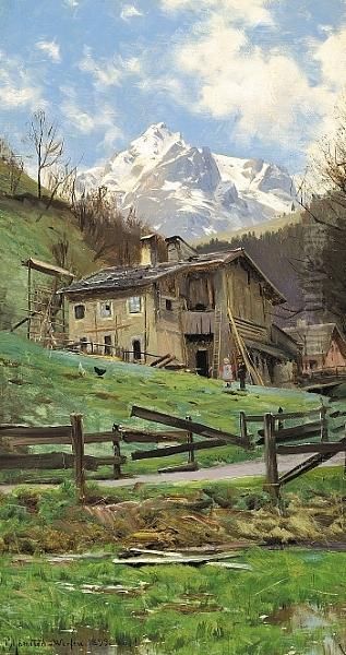 An Alp Landscape Oil Painting by Peder Mork Monsted