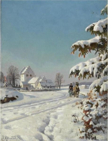 I Snelandskab (in A Snowy Landscape) Oil Painting by Peder Mork Monsted