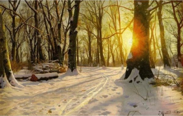 Vinterdag Charlottenlund Skov (a Winter's Day In The Woods Of Charlottenlund) Oil Painting by Peder Mork Monsted