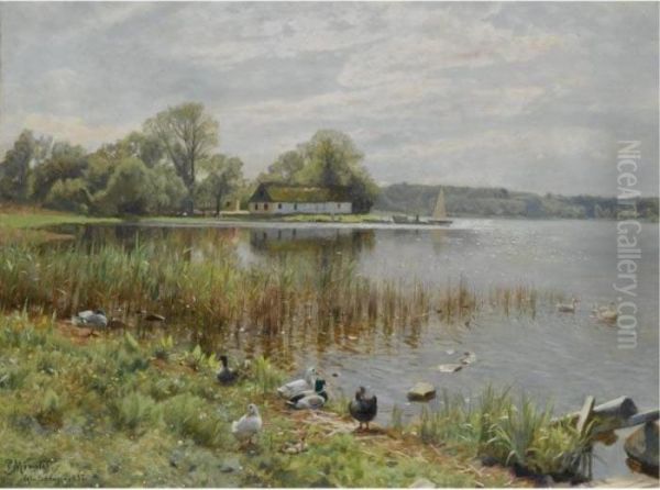 AEnder Ved En Dam (ducks By A Pond) Oil Painting by Peder Mork Monsted