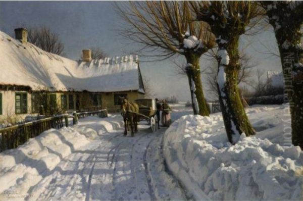 Vinterdag, Herstedvester (winter In Herstedvester) Oil Painting by Peder Mork Monsted