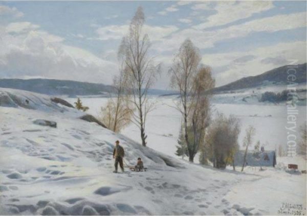 Kaelketur I Odnaes (sledding In Odnaes) Oil Painting by Peder Mork Monsted