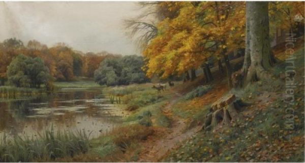 Efterarslandskab Med En Hjort (deer In An Autumn Landscape) Oil Painting by Peder Mork Monsted