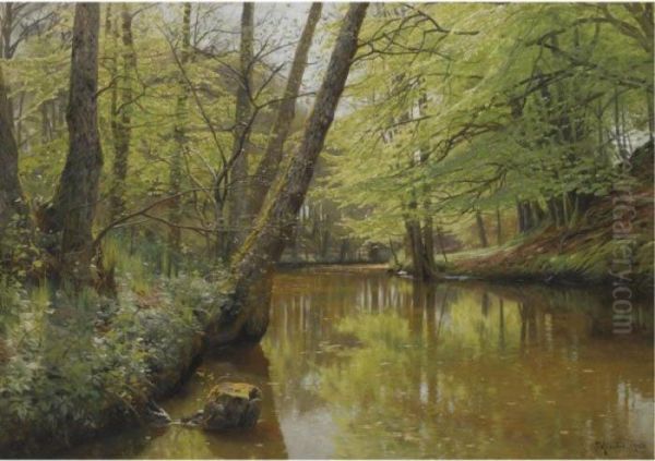 Alob I Skoven (river Flowing Through A Tranquil Forest) Oil Painting by Peder Mork Monsted