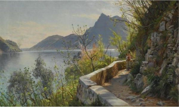 Lugano Soen (lago Di Lugano) Oil Painting by Peder Mork Monsted