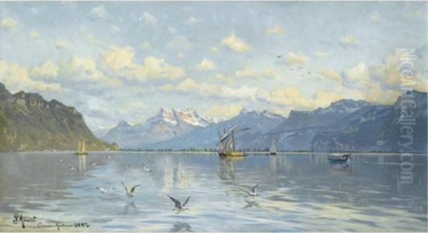 Leman Soen Naer Montreux (lake Leman Near Montreux) Oil Painting by Peder Mork Monsted