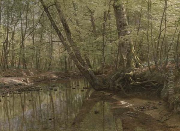 Skovlandskab Med Flod (forest Landscape With River) Oil Painting by Peder Mork Monsted