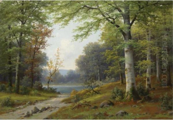 Birch Trees By A Stream Oil Painting by Peder Mork Monsted