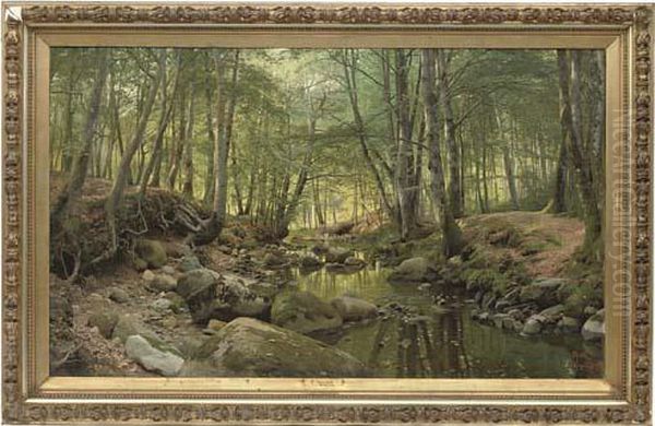 A Stream In A Tranquil Wooded Landscape Oil Painting by Peder Mork Monsted