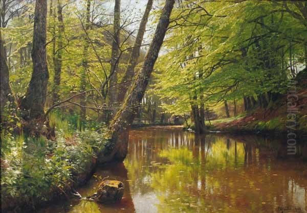 River Landscape
 Oleo Sobre Tela Reentelado Oil Painting by Peder Mork Monsted