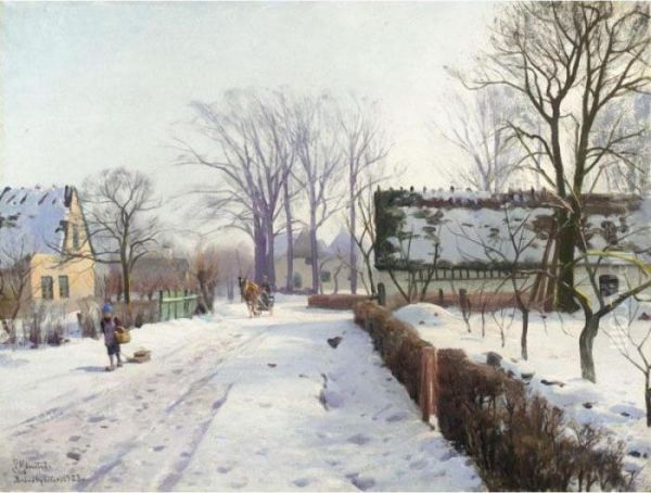 Vinter I Brondbyoster (the Town Of Brondbyoster Covered In Snow) Oil Painting by Peder Mork Monsted