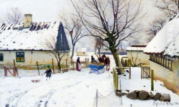 Vinter I Risby (risby In The Snow) Oil Painting by Peder Mork Monsted