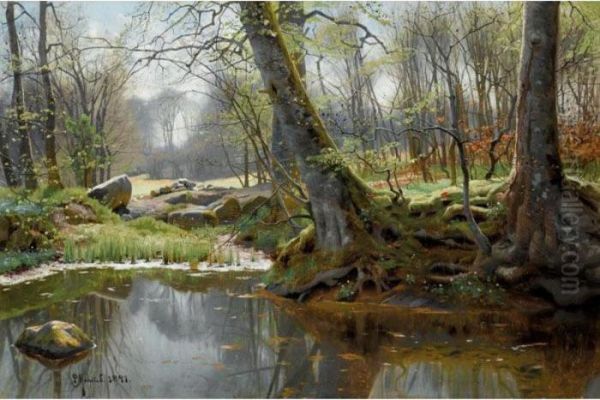 Forarsskov Med Nyudsprungne Bogetraeer (spring Forest) Oil Painting by Peder Mork Monsted