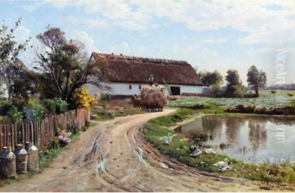 Parti Fra Gronholt, Sommer (gronholt Village Road In Summer) Oil Painting by Peder Mork Monsted