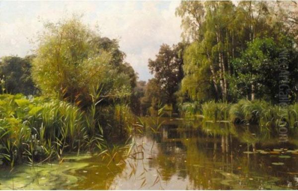 Ved Vandlobet, Sommer (a River In High Summer) Oil Painting by Peder Mork Monsted