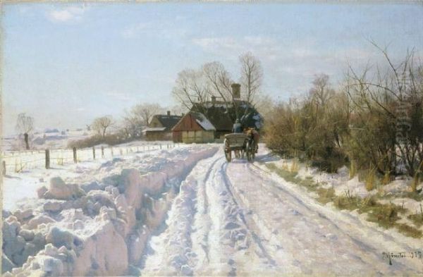 Danische Winterlandschaft Mit Einem Pferdekarren Oil Painting by Peder Mork Monsted