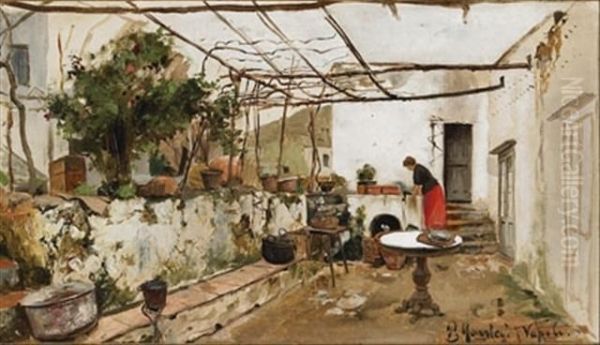 Woman On A Sunlit Terrace Oil Painting by Peder Mork Monsted