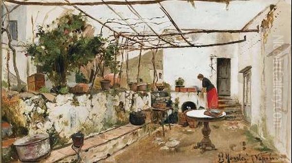 Woman On A Sunlit Terrace Oil Painting by Peder Mork Monsted