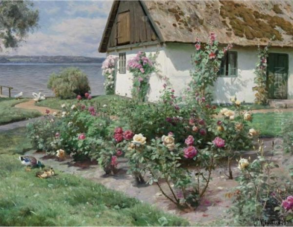 Rose Bushes And A Cottage By The Water, Sorup Oil Painting by Peder Mork Monsted