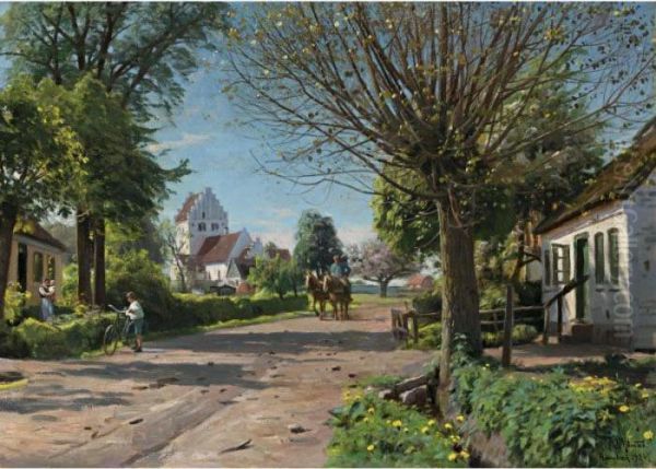 A Village Lane Oil Painting by Peder Mork Monsted