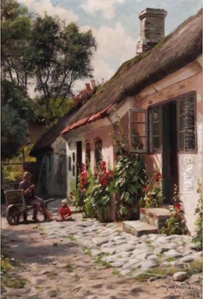 Figures Outside A Cottage, Saeby Oil Painting by Peder Mork Monsted