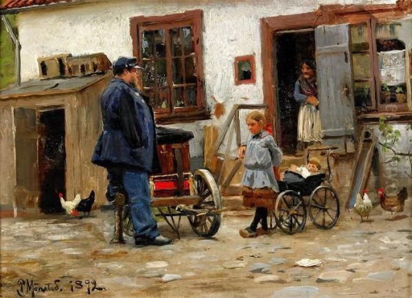 Gardsinterior Oil Painting by Peder Mork Monsted