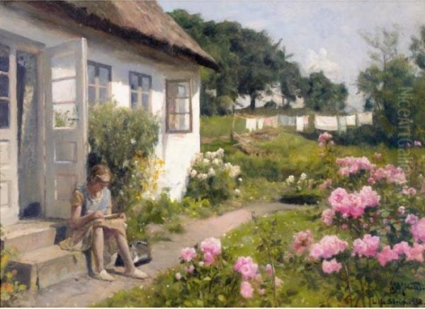 On The Steps To The Cottage Oil Painting by Peder Mork Monsted