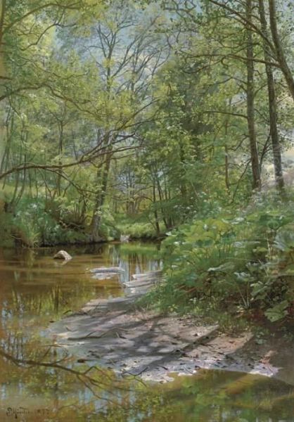 A River Landscape Oil Painting by Peder Mork Monsted