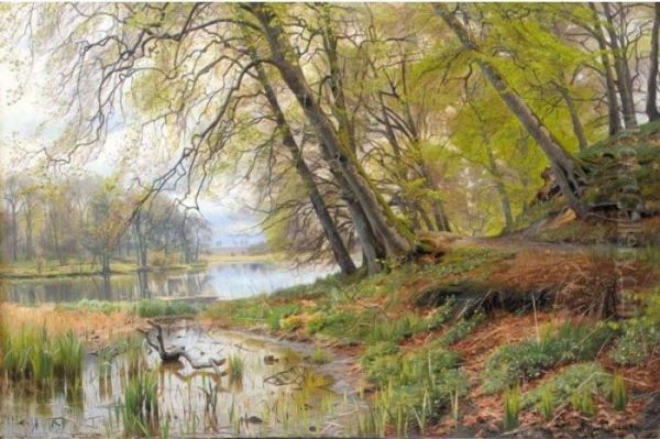 Traeer Ved Soen (by The Lakeside) Oil Painting by Peder Mork Monsted