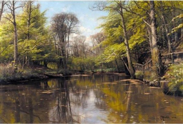 Forar Ved Soen (a Lake In Early Spring) Oil Painting by Peder Mork Monsted