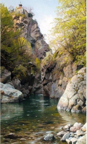 En Bjerg Slugt (the Mountain Gorge) Oil Painting by Peder Mork Monsted