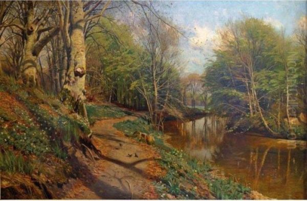 Alandskab (river Landscape) Oil Painting by Peder Mork Monsted