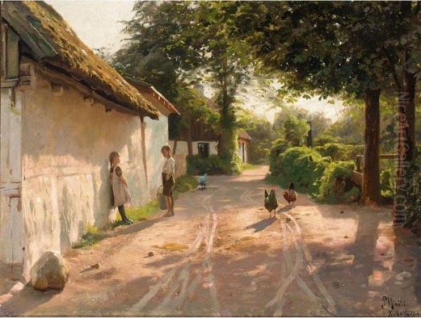 Udenfor Huset (outside The Cottage) Oil Painting by Peder Mork Monsted