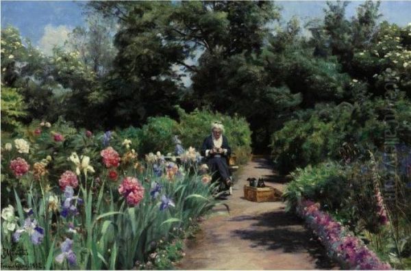 Knitting In The Garden Oil Painting by Peder Mork Monsted