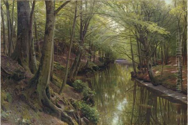 A Woodland Stream Oil Painting by Peder Mork Monsted