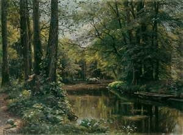 Bewaldete Landschaft Mit Einem 
Flusslauf Und Beladenem Boot. Signiert Und Datiert Unten Links: P. 
Monsted 1912. Ol Auf Leinwand (doubliert). H 36,8; B 50 Cm. Oil Painting by Peder Mork Monsted