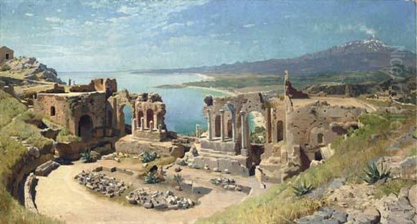 The Amphitheatre At Taormina Oil Painting by Peder Mork Monsted